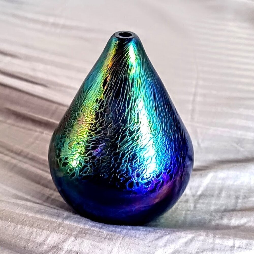 Artisan Signed Blown Glass Iridescent Teardrop Oil Lamp Bud Vase